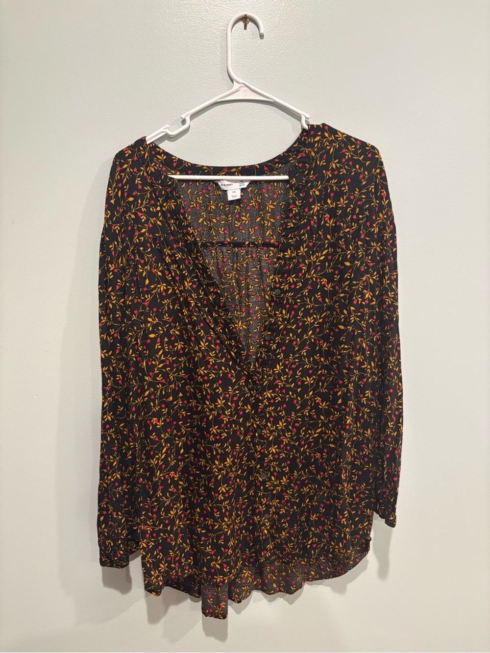 Old Navy Black V-Neck Blouse with Mustard & Pink Floral Print